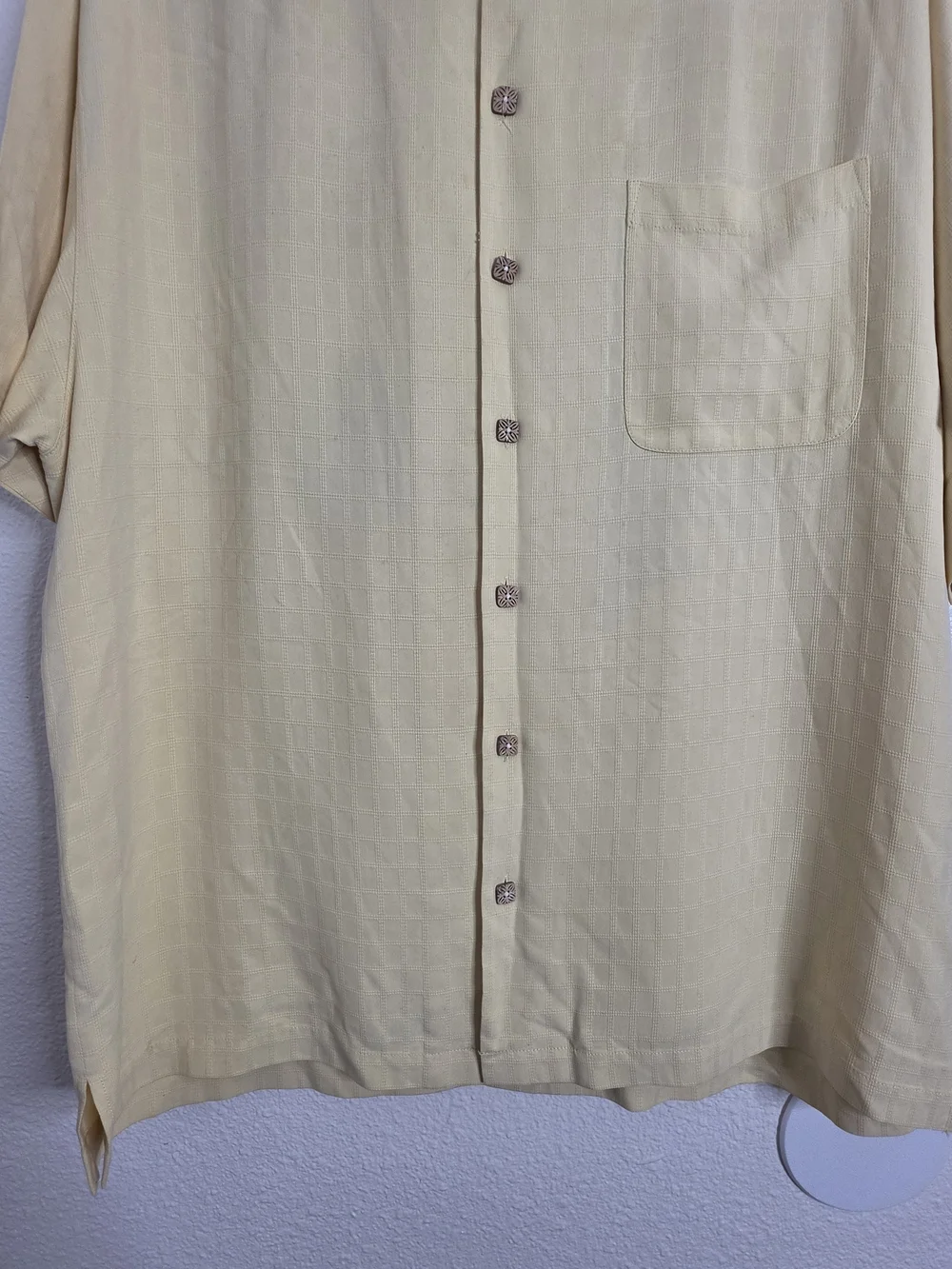 Tommy Bahama Hawaiian Shirt XL Yellow Island Rider Motorcycle Emboridered Stains